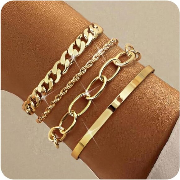 16k Chunky Gold Bracelets for Women Non Tarnish, Womens Gold Bracelet Stack Laye - Picture 8 of 8